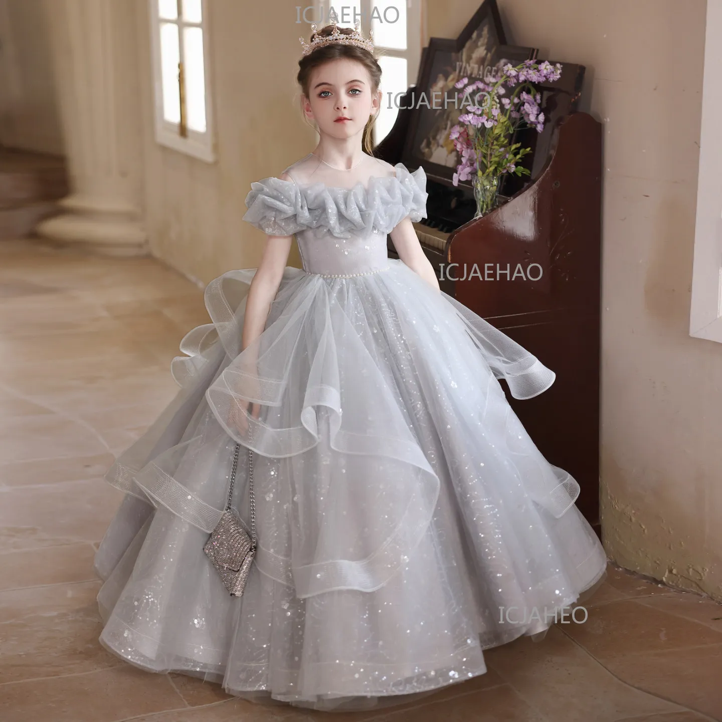High-End Light Luxury Niche Girls Evening Dress, Host Birthday Princess Gown, Kids Piano Performance Costume Party Dresses