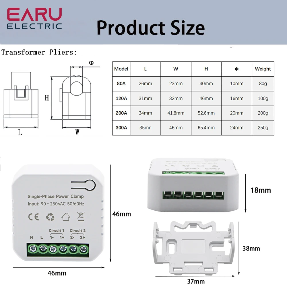 Tuya App Smart Two-way Bilateral WiFi Energy Meter 80-300A AC110V 220V with Clamp CT KWh Power Electricity Consumption Monitor