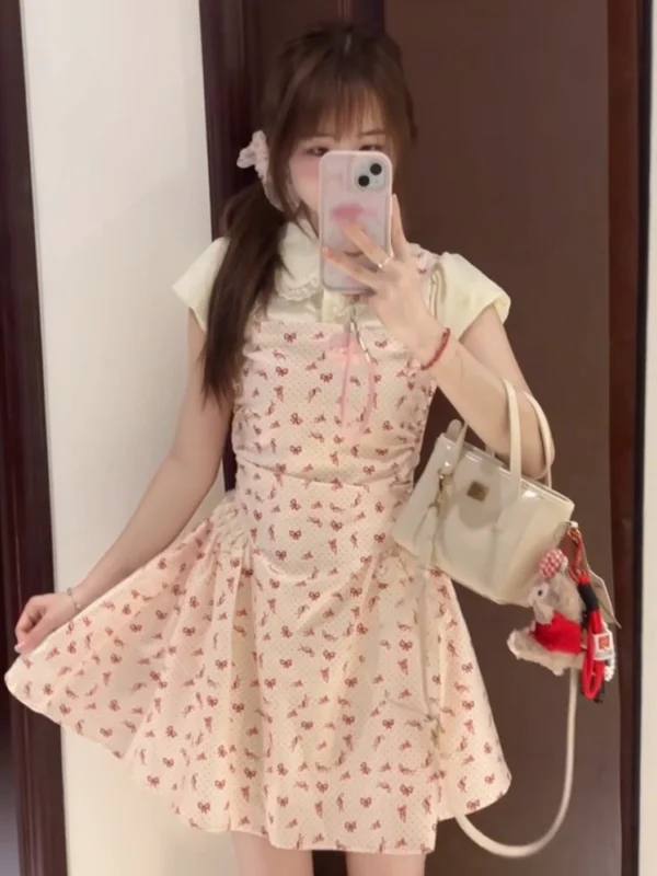 

Летняя розовая юбка с кукольным воротником ort Dr, женская элегантная юбка в горошек трапециевидной формы, цельное платье ort Sve Dres