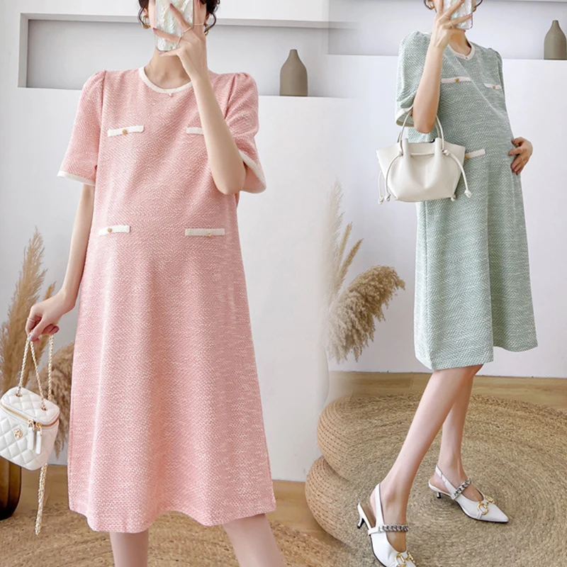 Maternity Dresses Summer New Clothes For Pregnant Women Fashion Elegant Gentle Solid Waist Drawstring Loose Long Pregnancy Dress