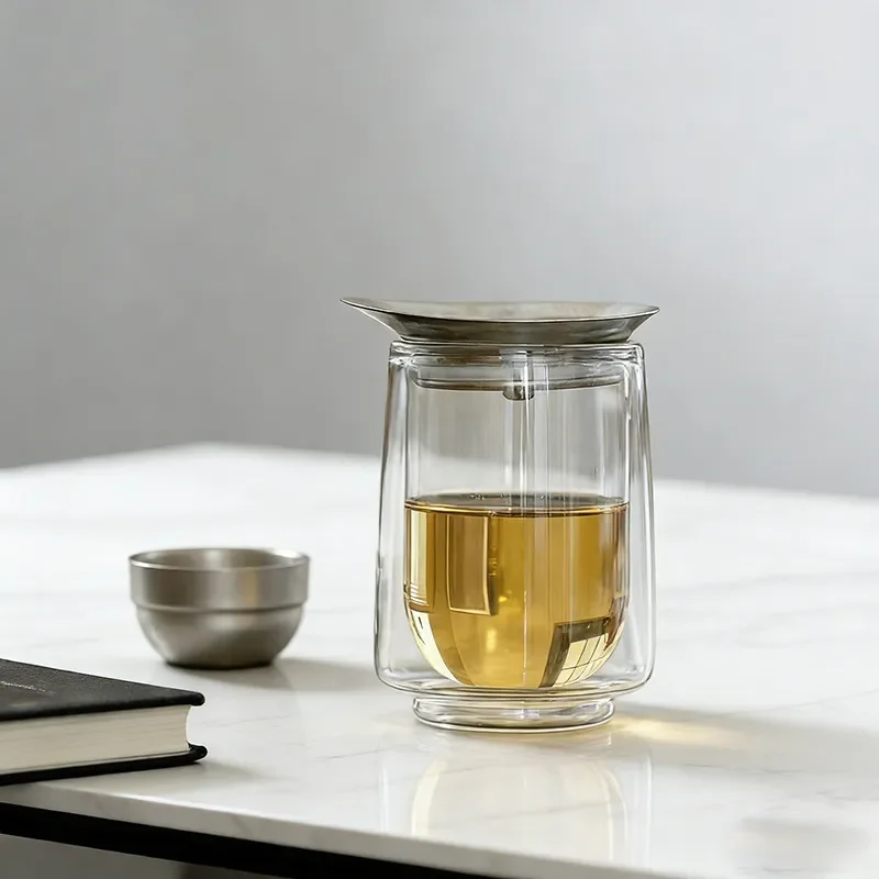 Travel teapot glass double-layer glass tea separation tea cup pure titanium filter special cup office one person drinking tea