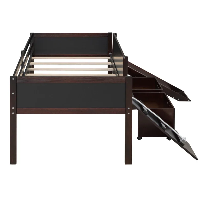 Twin Size Loft Bed Wood Bed with Two Storage Boxes, Slide and Chalkboard, Suitable for Children\'s Room - Espresso