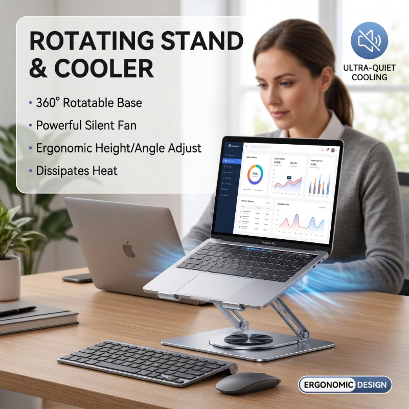 Adjustable Rotating Laptop Cooling Stand with Powerful Fan Elevated Ergonomic Design for Notebook Tablet Computer Desk
