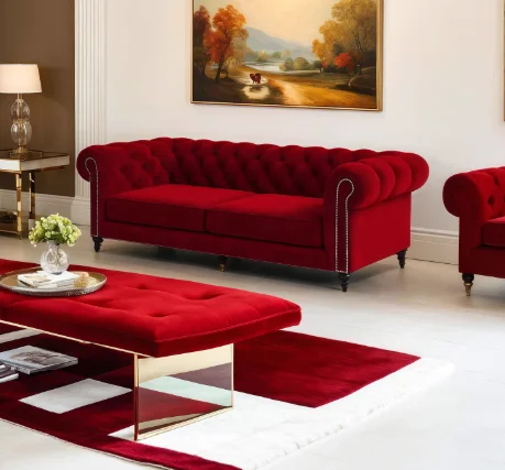 

American style light luxury fabric small-sized living room red three person zipper velvet sofa velvet leisure