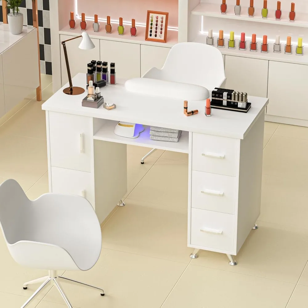 

Acetone-Resistant Manicure Table, White Nail Tech Desk with Double-Layered Design