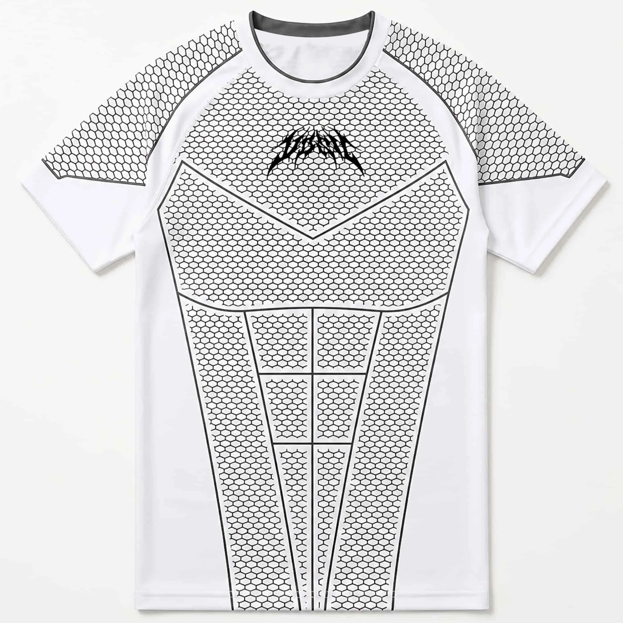 Techwear Grid Texture Athletic Compression Tee Herren Schwarz Gothic Font Print Atmungsaktives Lauf- und Gewichtheben-Kurzarmshirt – Detail 6