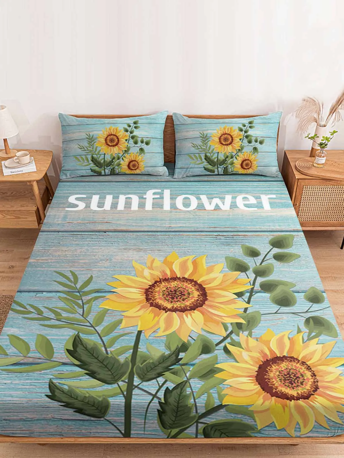 Sunflower Planks Retro Leaves Polyester Fitted Sheet Mattress Cover Four Corners Elastic Band Bed Sheet Pilllowcase