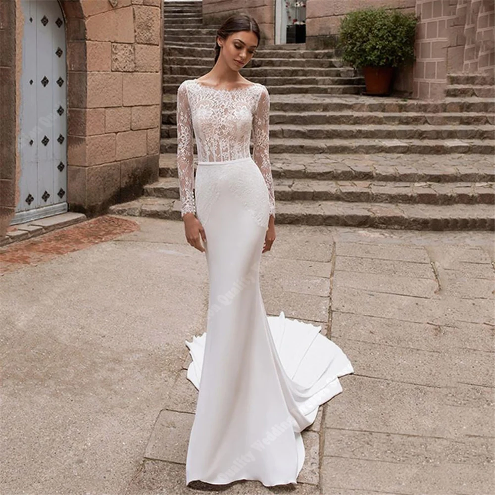 Elegante Satin Frauen Brautkleider Spitze lange Ärmel Meerjungfrau Roben Spitze Blumen druck Vestidos de Novias Estilo Boho Chic