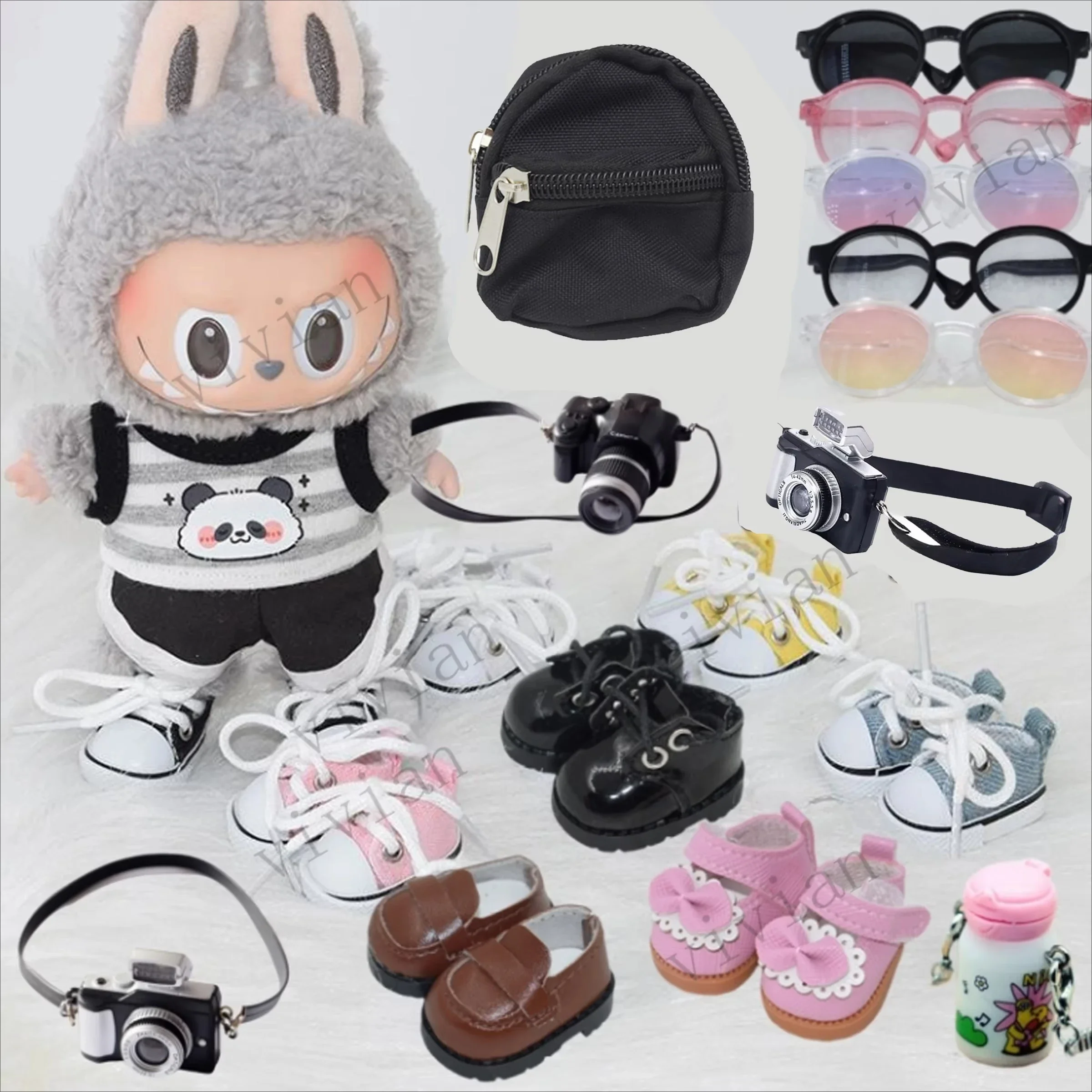 

For 15-17cm Labubu Doll Shoes glasses camera labubu and 10cm cotton doll Water glasses Outfit accessories