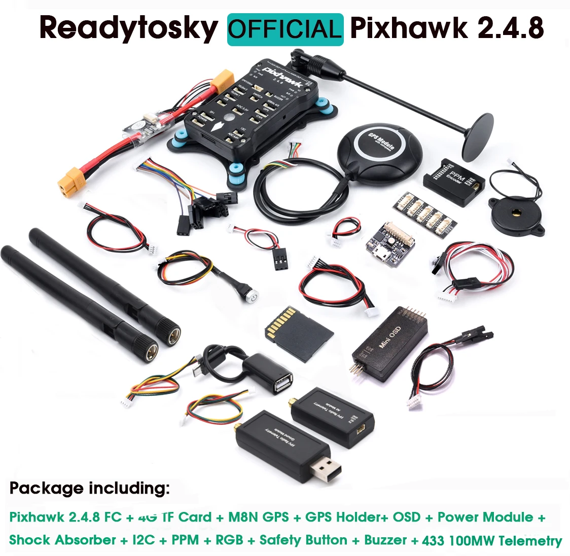 Pixhawk 2.4.8 PX4 PIX 32 Bit Flight Controller / M8N GPS /  Telemetry Module / Safety Switch Buzzer RGB I2C 4G SD OSD / OLED