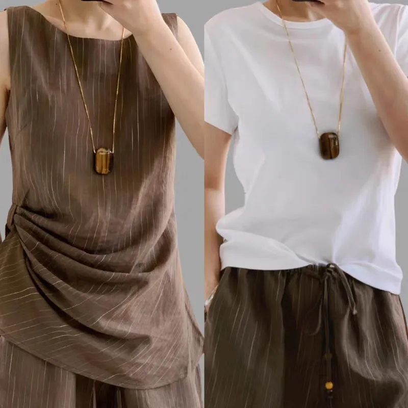 

Jenny&dave Heavy Industry Natural Tiger Eye Stone Silver Shine Stone Pendant Necklace Sweater Chain Necklaces For Women