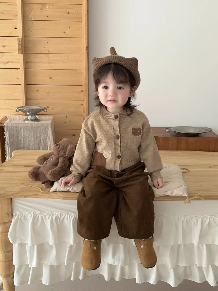 2026 Autumn Baby Boys Clothes Sets Cute Embroidery Soft Knit Cardigan +Corduroy Casual Pants Set Outfit for Infant Girls 73-110
