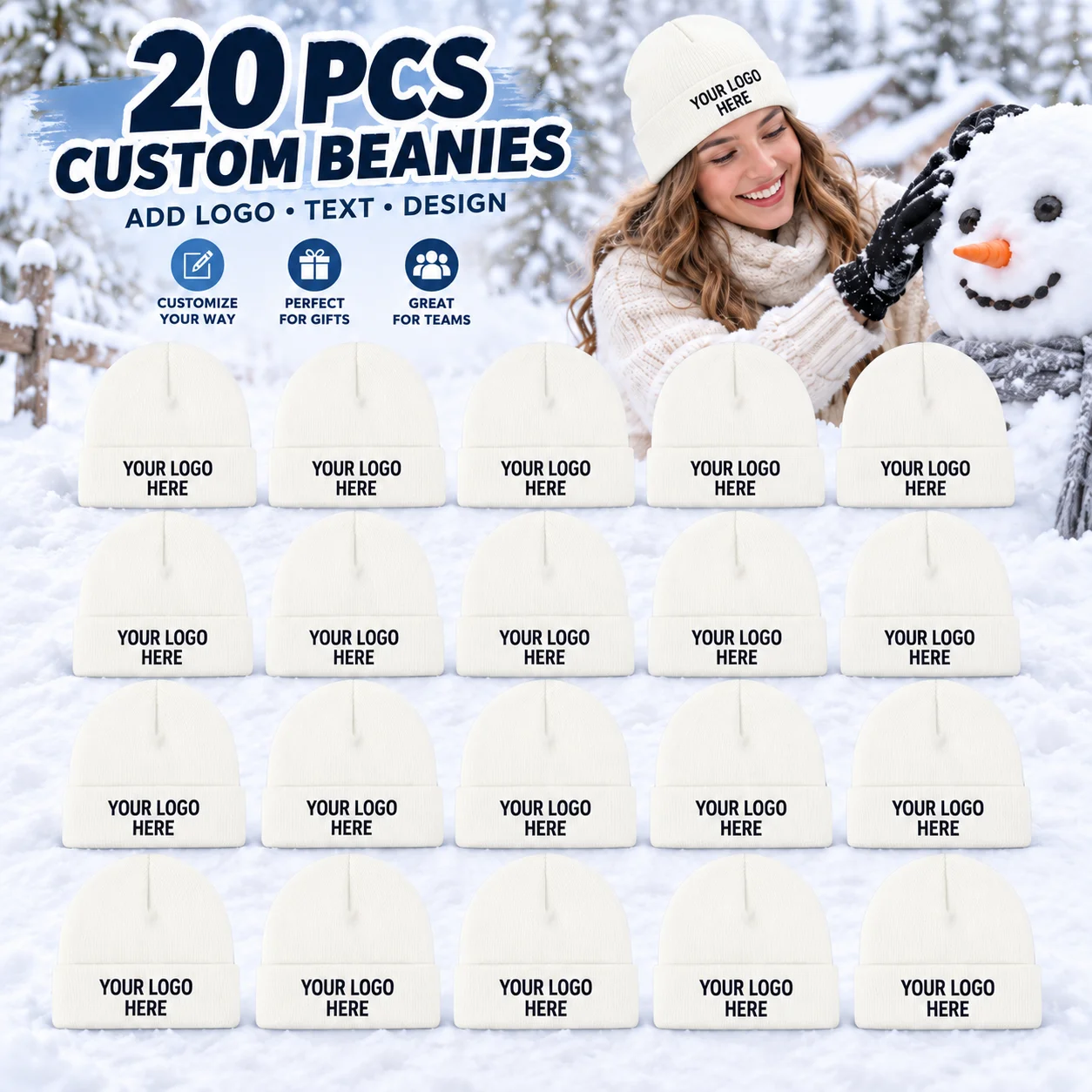 20 custom knit hats, you can print your logo, text, or design on them, available in various colors, perfect for teams, clubs, co