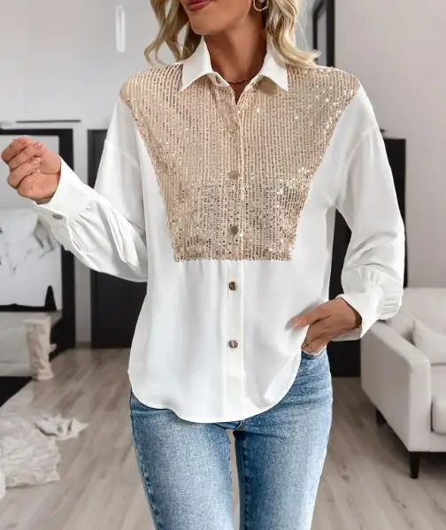 

2025 Autumn New Casual Trendy Glitter Decorative Long Sleeve Women's Fashion Shirt
