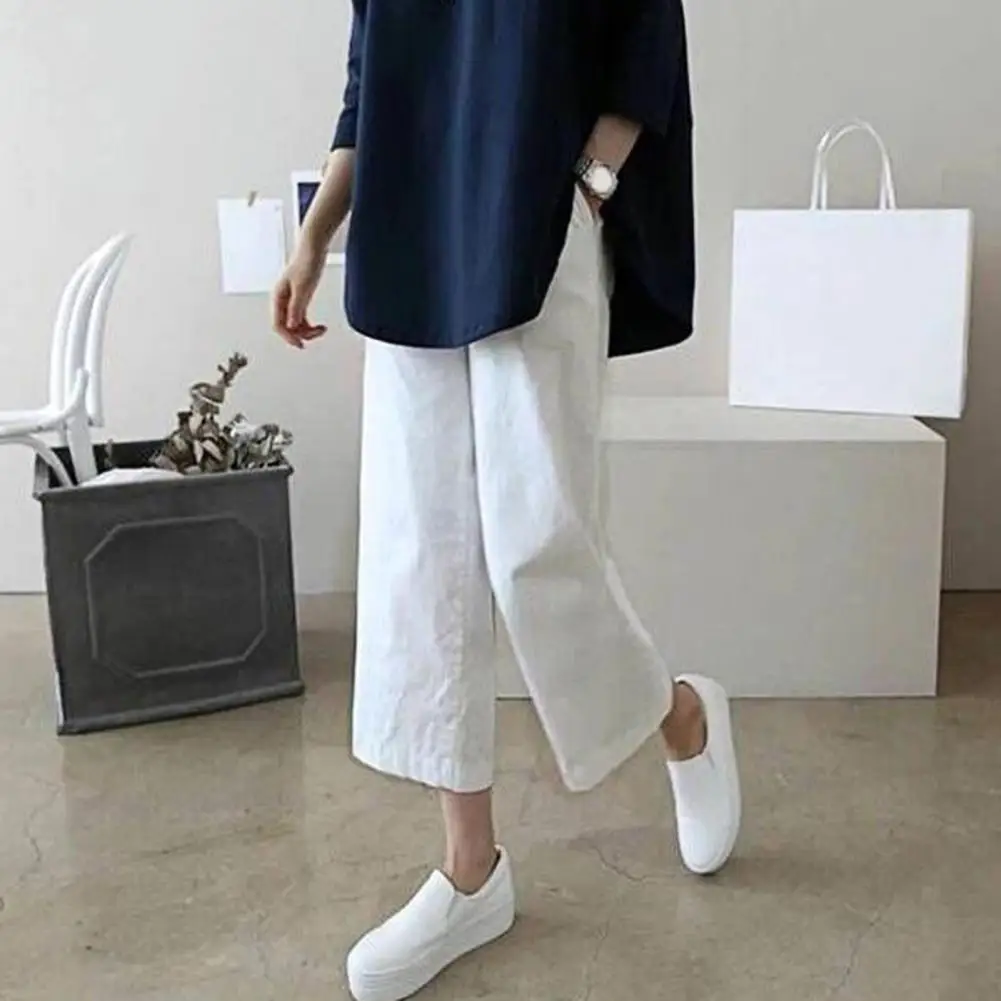 Straight Wide Leg Flax Pants Women Solid Color Elastic Waist Pocket Casual Pants Lady Summer Vintage Casual Trousers Sport Pants