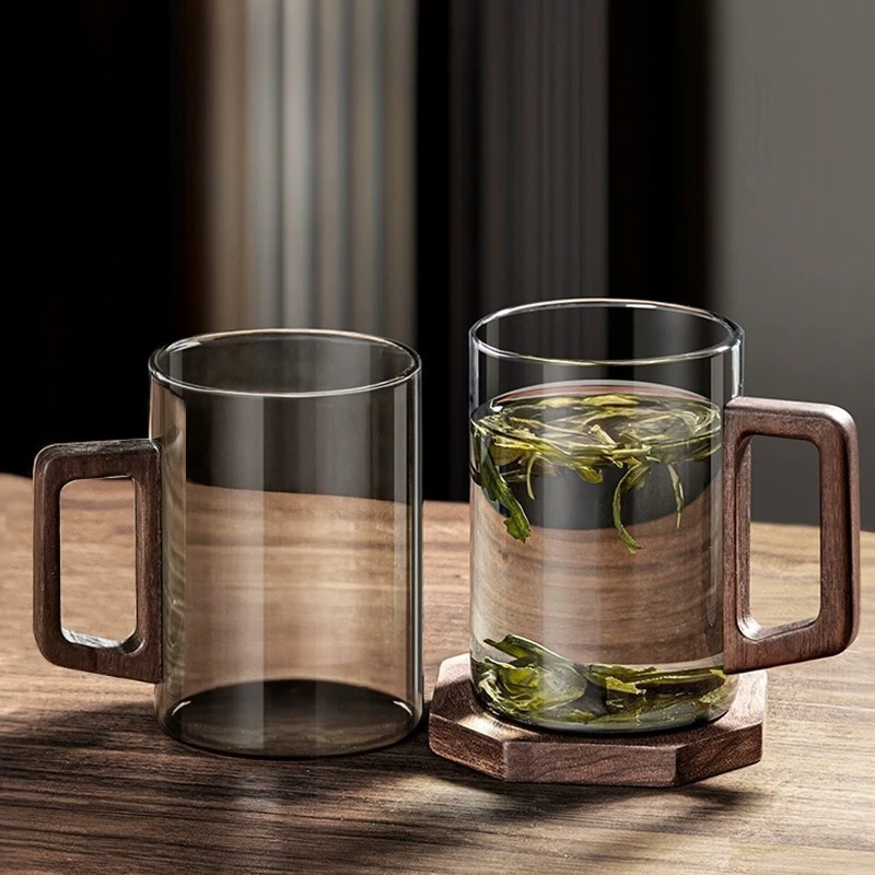 

500ml Walnut Handle Glass Cup, Heat-resistant Household Cup, Large Capacity Tea Cup, Office Drinking Cup