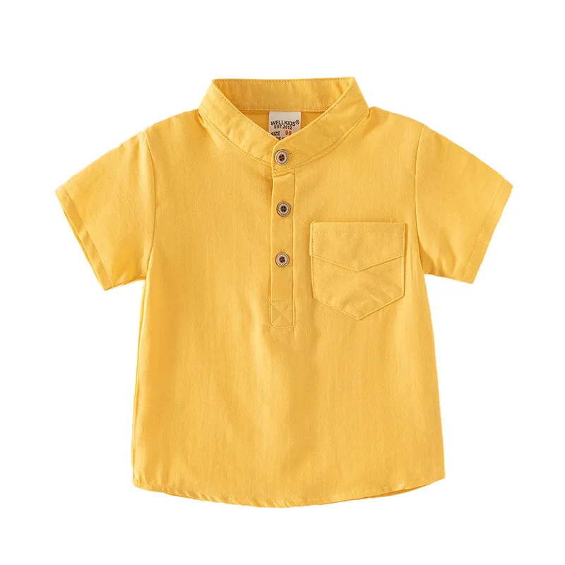 Mandarin Collar Boys Shirts Summer Linen Cotton Short Sleeve Toddler Tshirts Kids Tops Tees Children Clothes