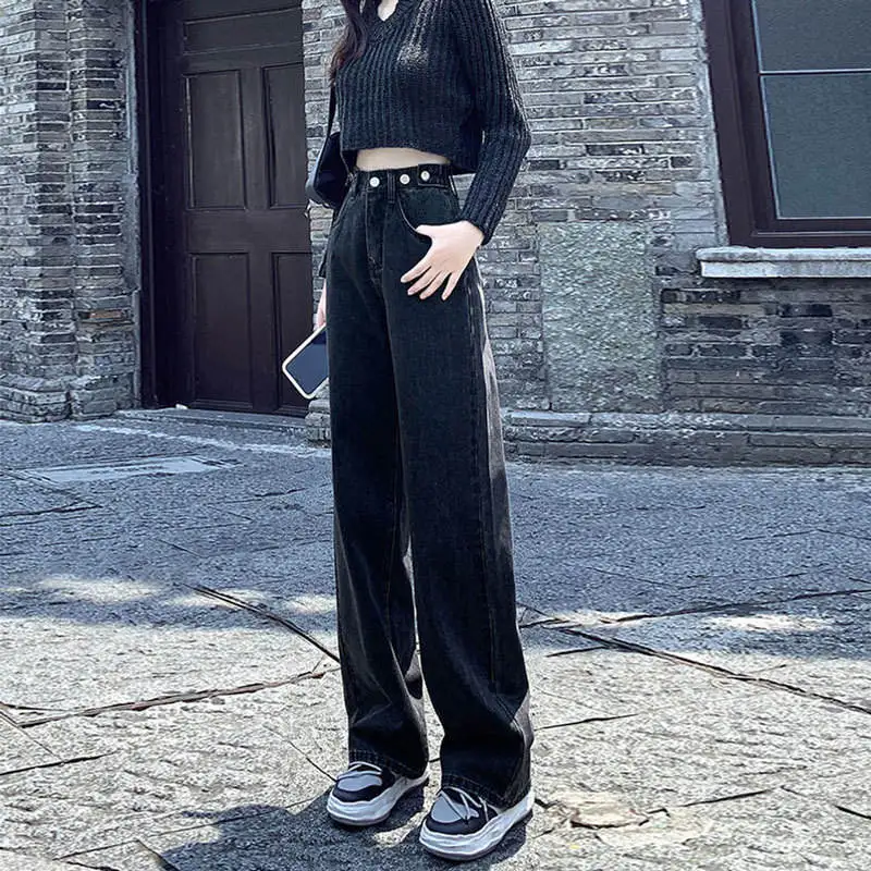 

High Waist Wide Leg Jeans Women's Meat Concealing Black Grey Adjustable Design Loose Floor-Length Pants Straight Cut