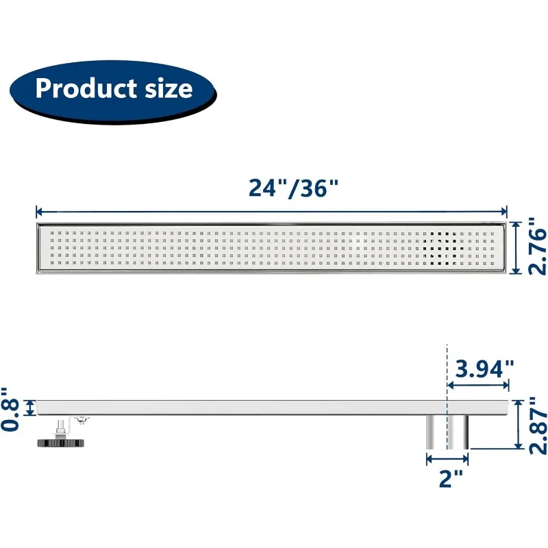 24-Inch Offset Side Outlet Linear Shower Drain with Quadrato Pattern Grate Cover, Brushed 304 Stainless Steel Rectangle Shower