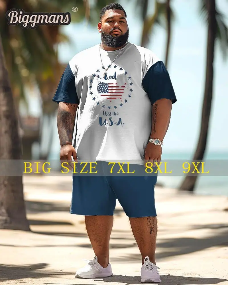 

Biggmans Plus Size Set L-9Xl for Summer Oversize Hawaii Suit Men's Casual Colorblock Independence Day Pattern Print Large 9XL