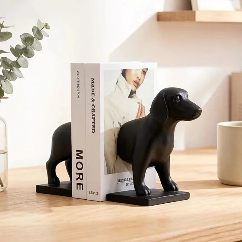 Creative Black Dachshund Statue Library Bookshelf Bookend Desk Decoration Ornaments Puppy Resin Sculpture Room Aesthetic Decor