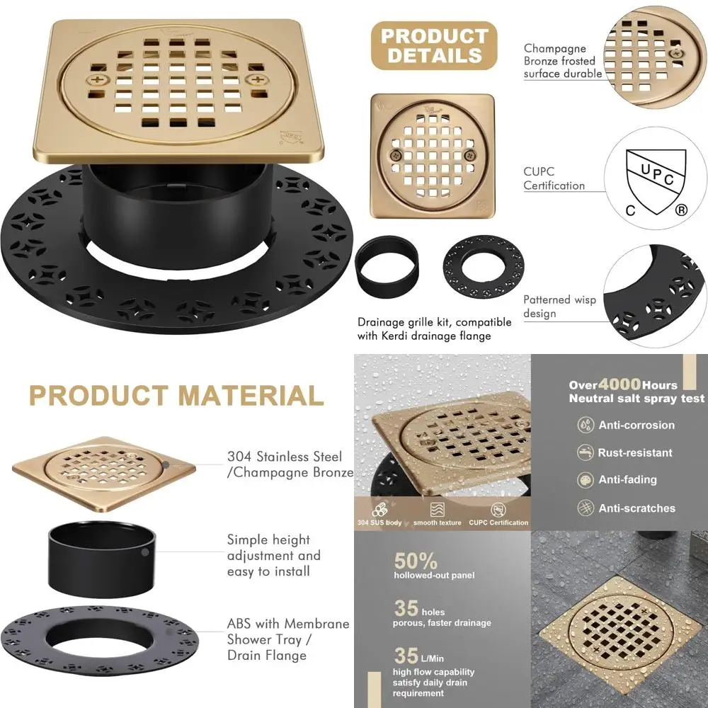 

4-дюймовый сливной комплект для душа из шампанского бронзы с фланцем из АБС-пластика, совместимый с сливным фланцем Kerdi, регулируемая по высоте, подходит для Ti