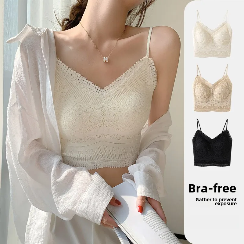 Le nouveau gilet en dentelle pour femmes avec petit licou sans couture, sous-vêtements sans couture, une tasse, soutien-gorge antidérapant, débardeur Y2k