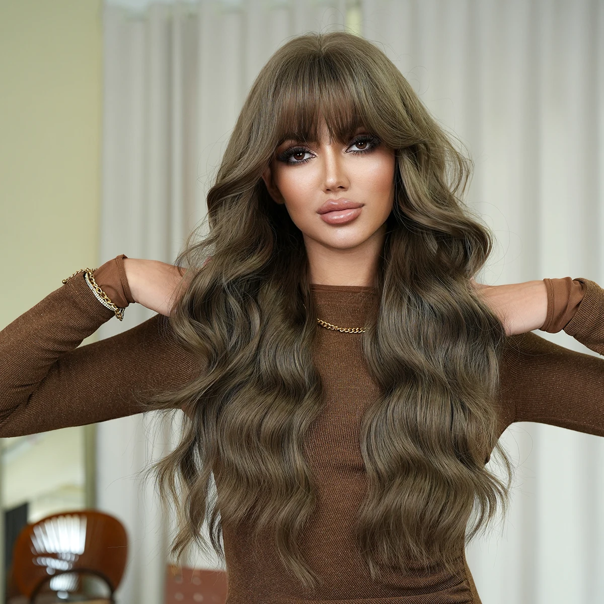 Picture 4: PARK YUN Body Wavy Wig Long Loose Curly Brown Wig for Women Daily Use High Density Synthetic Layered Hair Wigs with Bangs