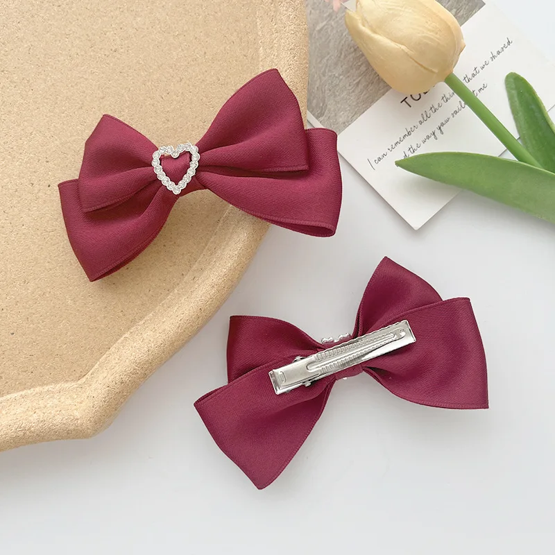 1 Paar herzförmige Strass-Satin-Haarspangen mit Schleife, mehrfarbige Vintage-Haaraccessoires für süße Haare, vielseitige Alltags-Lolita-Kopfbedeckung – Detail 4