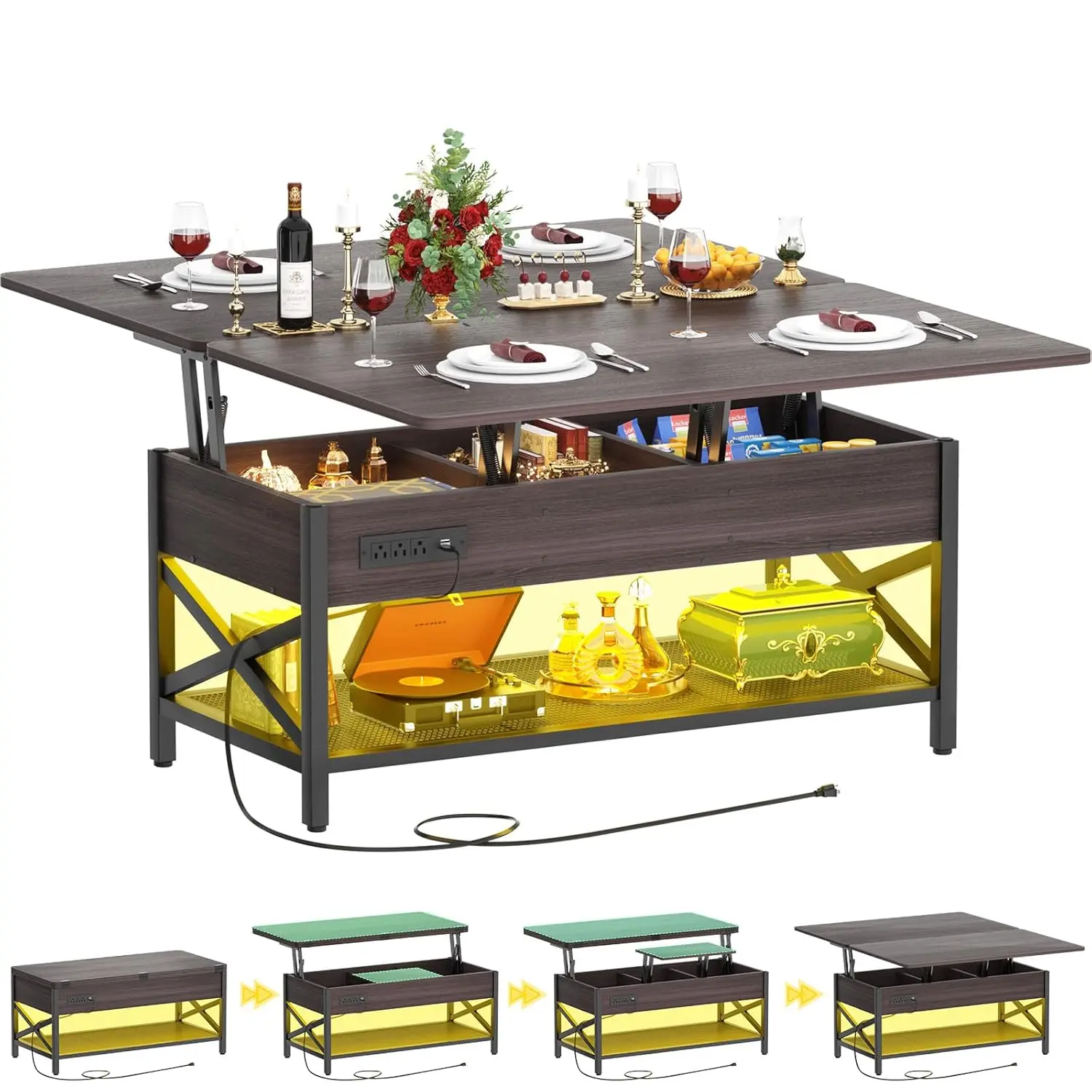 طاولة القهوة التي تحول طاولة القهوة متعددة الوظائف إلى طاولة الطعام، مع ضوء LED ومخرج طاقة، مركز