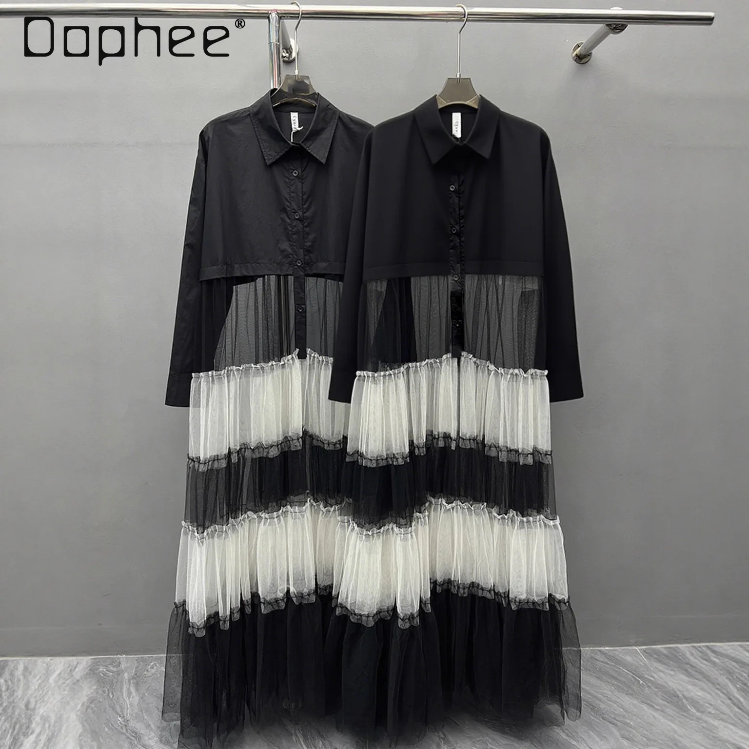 Japanische Straße Persönlichkeit Trendy Mesh Patchwork Hot Girl Farbblock Kleid Trendy Langarm Hemd Mittellanges Kleid für Frauen