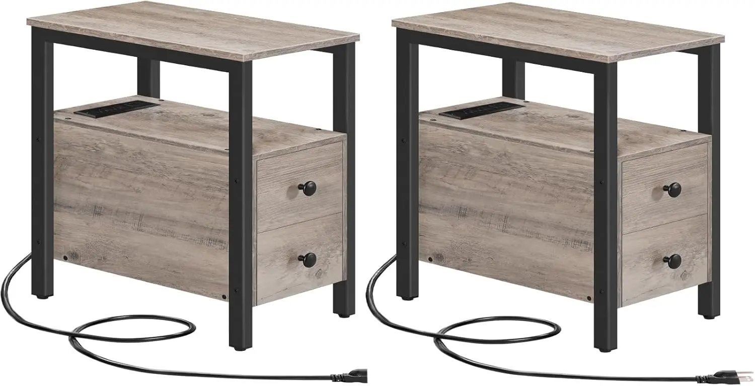 

Set of 2 End Tables with Charging Station, Narrow Side Table with Drawers & USB Port & Power Outlets, Nightstand for Small Sp