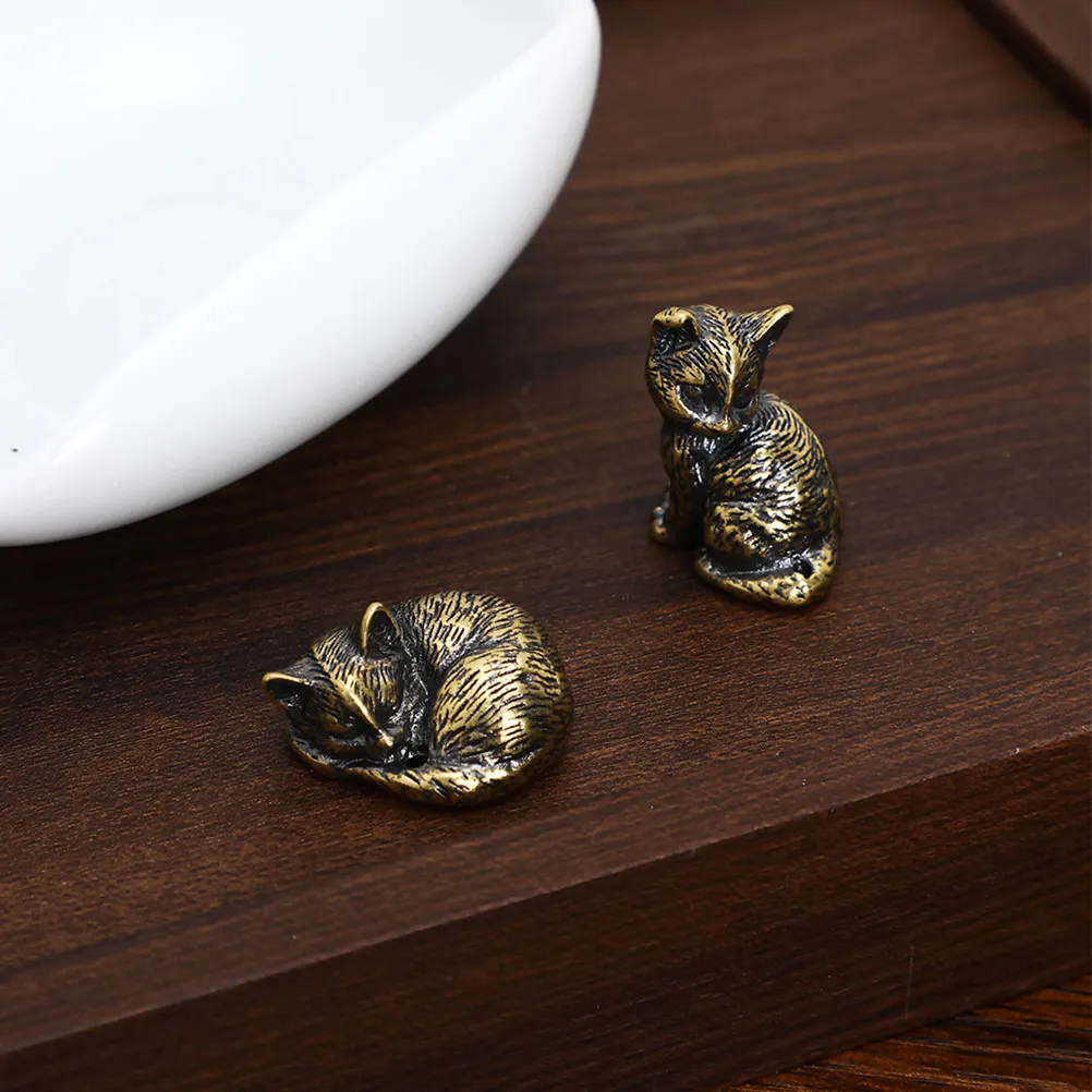 4Pcs Brass Cat Figurines Vintage Fortune Cat Decor Set for Desk Bookshelf Coffee Table Home Office Feng Shui Wealth Luck Decor