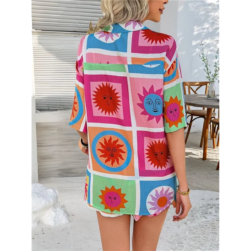 AG-Women's Soft Summer Floral Tropical Print V الرقبة المحملة قصيرة الأكمام زر أعلى السراويل 2 قطعة مجموعات