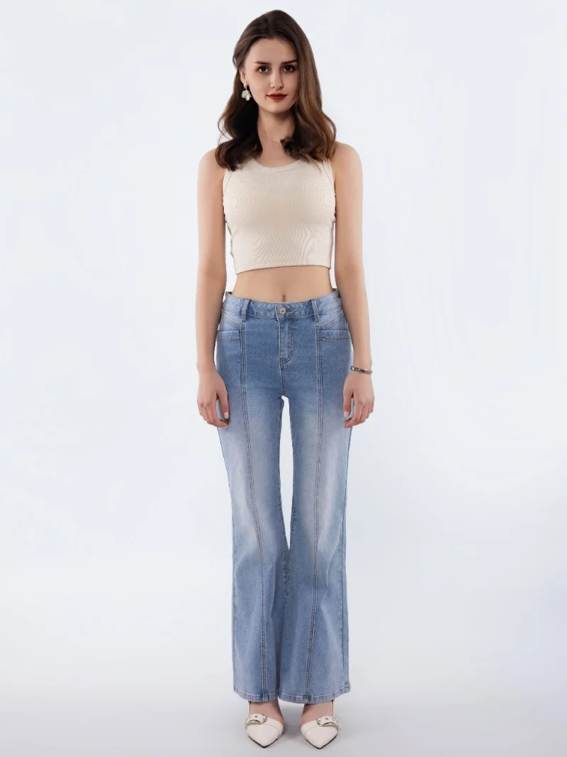 ヨーロッパ系アメリカ人レトロデニムパンツ レディースストレートレッグパンツ カジュアルミッドウエストワイドレッグパンツ おしゃれなレディースパンツ