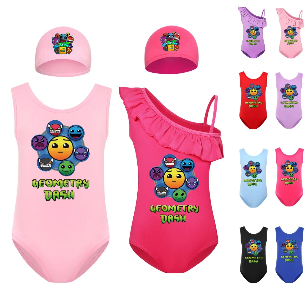 Geometry Dash Clothes Kids 2024 Summer Swimwear Baby Girls Cartoon One Piece Beach Wear Children Sleeveless Ruffle Swimsuit