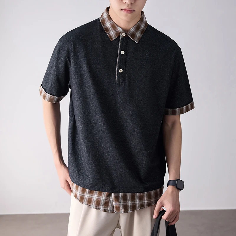 Men Summer Fashion Plaid Splice Loose Casual Short Sleeve Plus Size Polo Shirt Campus Boys Vintage T-shirt Tops Tshirt
