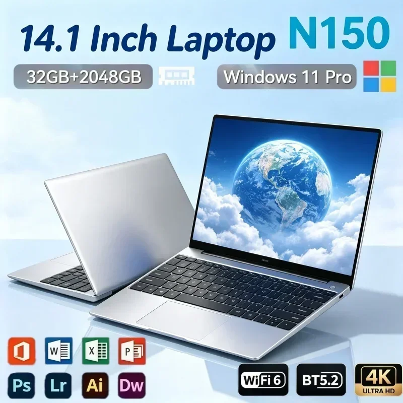 Portable Laptop 14.1 Inch Intel N150 32GB RAM 2TB SSD Windows 11 Office Notebook For Gaming Study Business Use