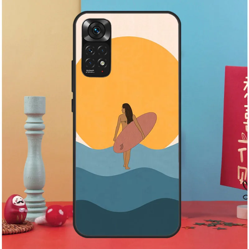 surfboard surfing art surf Girl Case For Xiaomi Redmi Note 11 10 9 7 Pro 10S 9S 8T Redmi 10 10A 10C 9A 9C 9T Soft Back Cover