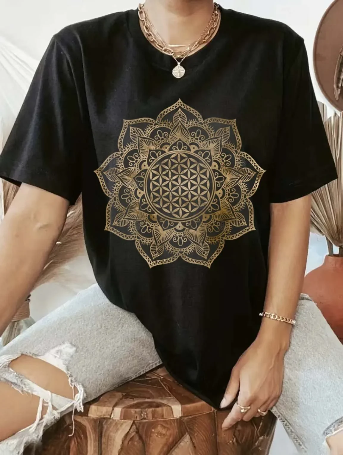 

Printed 90s Golden Flower of Life in Lotus T-Shirt Trendy O-Neck Short Sleeve Summer Women's Fashion Versatile Printed T-Shirt