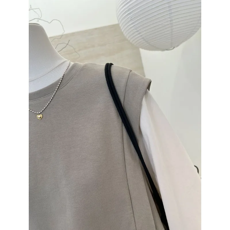 Moda otoño nuevo falso dos piezas Casual estilo occidental camisa manga Top Casual suelto cuello redondo versátil sudadera Mujer