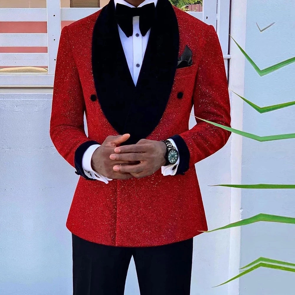 Glitter Red Sequins Mens Suits Groom Wedding Tuxedo Double Breasted Blazer Formal Business Prom Dress 2 Pieces Traje De Hombre