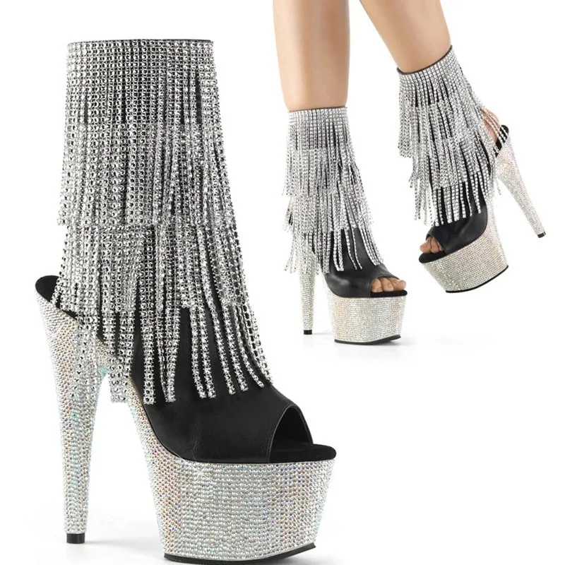 Fashion Sole Rhinestone Platforms Pumps 17cm Thin Heels Pole Dancing Ankle Boots Nightclub Sexy Shoes For Woman 7 Inch Stilettos