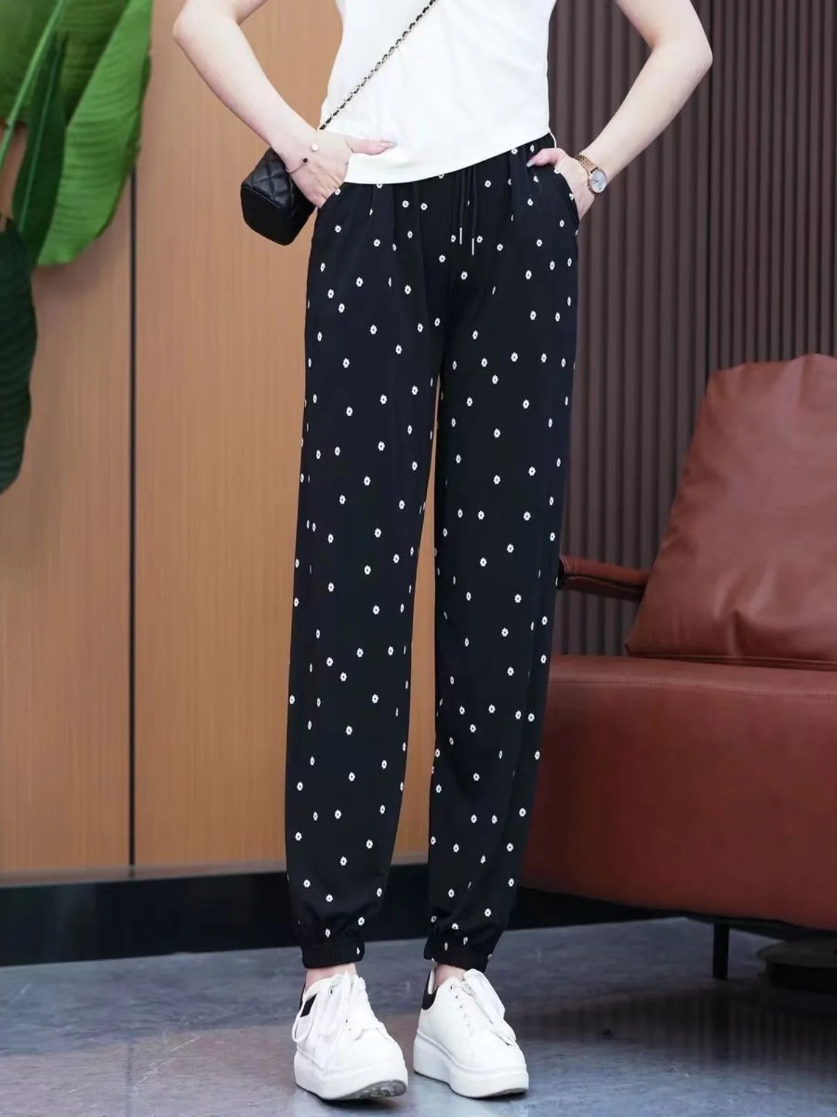Ice Silk Loose Fit Summer Printed Casual Pants Floral Sporty Trousers High Waist Nine Points Other Material Thin Style Harlan