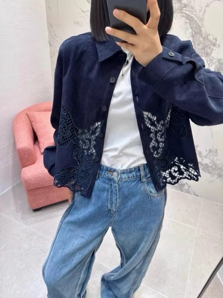 Top Qualität Herbst Echtes Leder Wildleder Bestickt Aushöhlen Weibliche Jacke Turndown Kragen Natürliche Schaffell Dünne Kurze Mantel