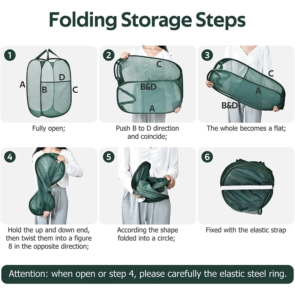 سلة غسيل منبثقة، سلال أفقية قابلة للطي مع مقابض وجيب جانبي، شبكة قوية قابلة للطي لغرفة الغسيل والحمام