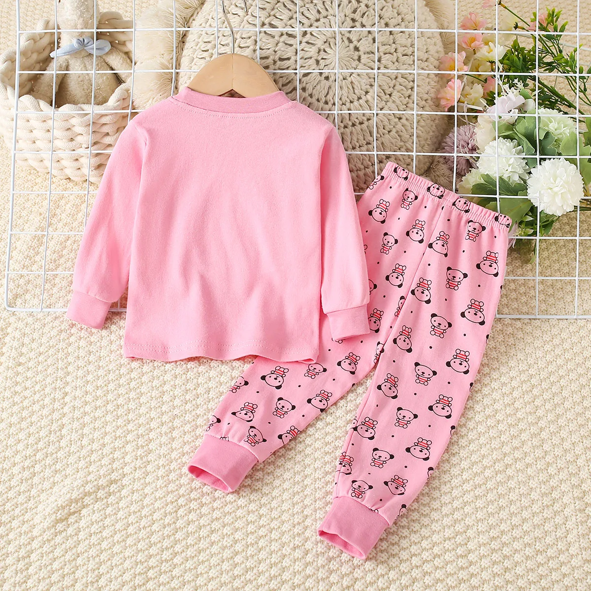 hibobi 2-Piece 100% Cotton Children\'s Autumn And Winter Round Neck Warm Home Clothes Set Cute Cat Pajamas And Pajama Pants Set