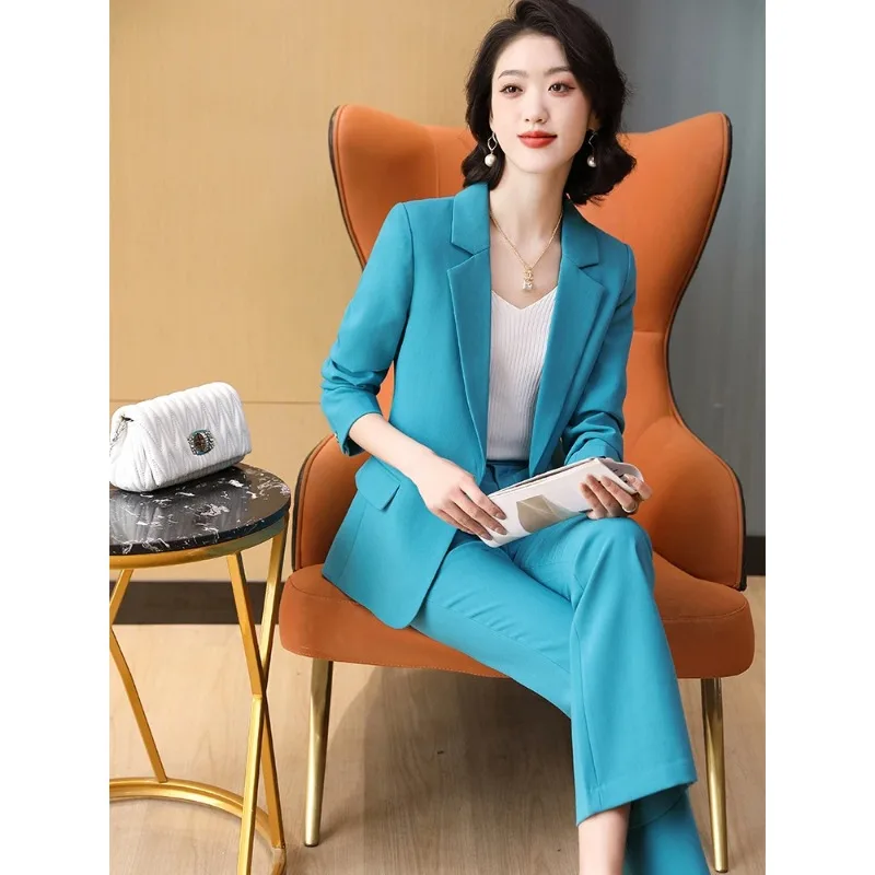 Blazer e calças para mulheres, conjunto de duas peças para senhoras do escritório, roupa formal de trabalho, roupa formal feminina, jaqueta azul cáqui, outono e inverno