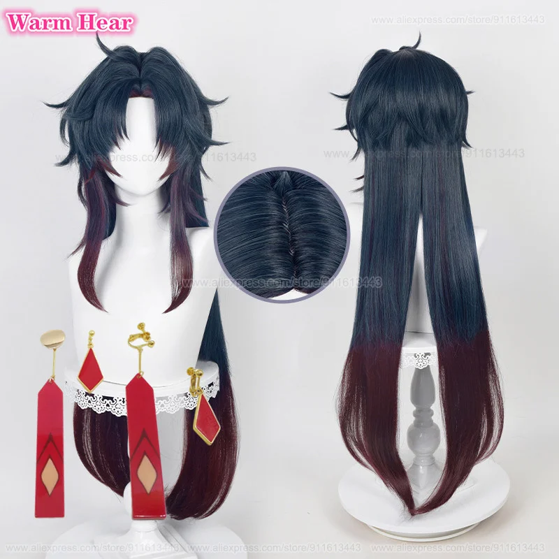 

Anime Blade Synthetic Hair 100cm Dark Blue Brown Red Cosplay Wig With Earring Heat Resistant Hair Halloween Party Wigs + Wig Cap