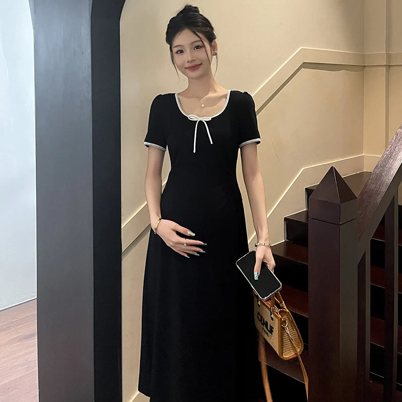 French Style Pregnant Women\'s Summer Dress Short Sleeve O-Neck Maternity Black Dress with White Ribbon Pregnancy Party Dresses